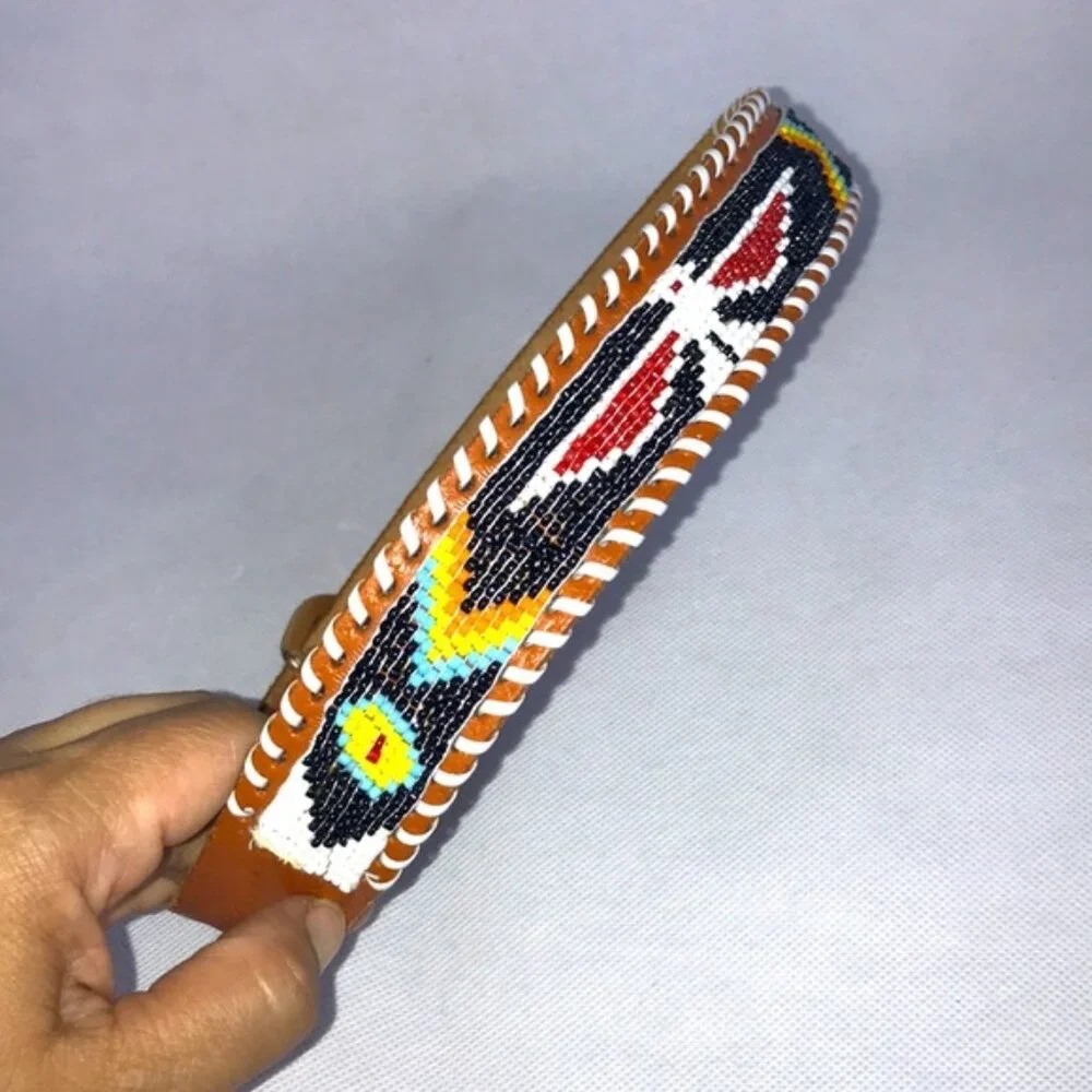 Native American Design Hand Beaded Leather Belt, Very Small Children's Size